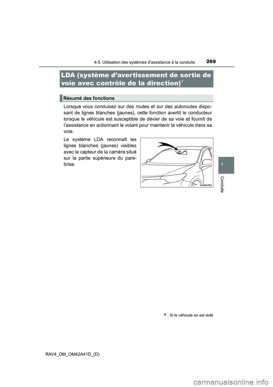 TOYOTA RAV4 2016  Manuel du propriétaire (in French) 269
RAV4_OM_OM42A41D_(D)
4-5. Utilisation des systèmes d’assistance à la conduite
4
Conduite
LDA (système d’aver tissement de sortie de 
voie avec contrôle de la direction)
∗
Lorsque vous co