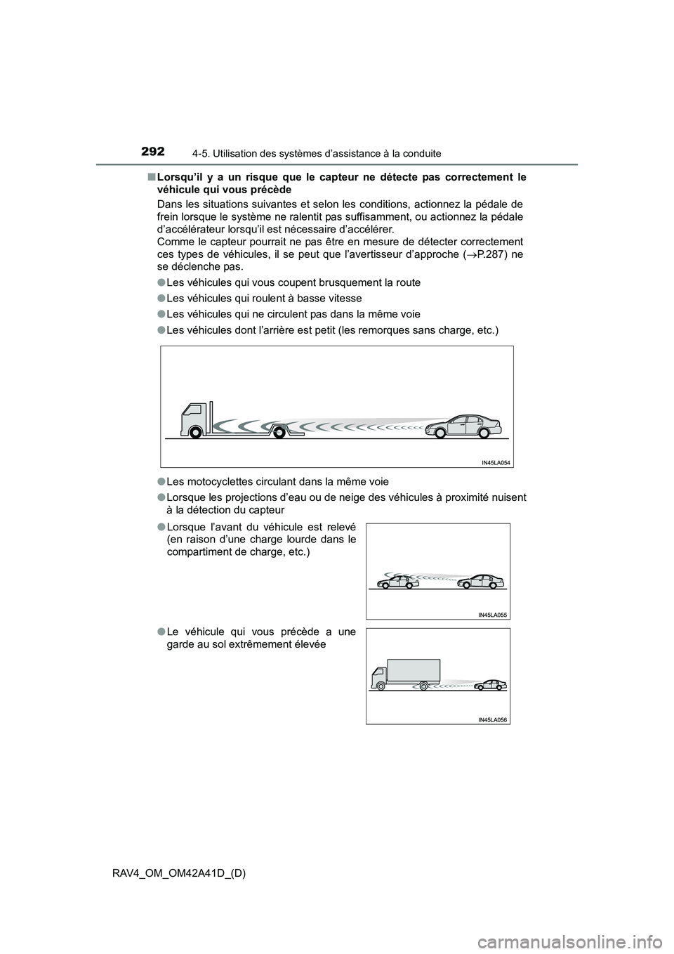 TOYOTA RAV4 2016 Manuel du propriétaire (in French) 292
RAV4_OM_OM42A41D_(D)
4-5. Utilisation des systèmes d’assistance à la conduite
■Lorsqu’il y a un risque que le capteur ne détecte pas correctement le
véhicule qui vous précède
Dans les TOYOTA RAV4 2016 Manuel du propriétaire (in French) 292
RAV4_OM_OM42A41D_(D)
4-5. Utilisation des systèmes d’assistance à la conduite
■Lorsqu’il y a un risque que le capteur ne détecte pas correctement le
véhicule qui vous précède
Dans les