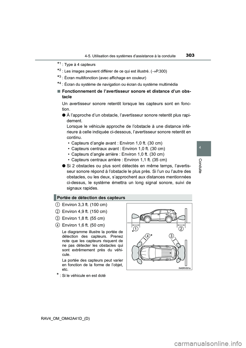 TOYOTA RAV4 2016  Manuel du propriétaire (in French) RAV4_OM_OM42A41D_(D)
3034-5. Utilisation des systèmes d’assistance à la conduite
4
Conduite
*1 : Type à 4 capteurs
*2 : Les images peuvent différer de ce qui est illustré. (→P.300)
*3 : Écra
