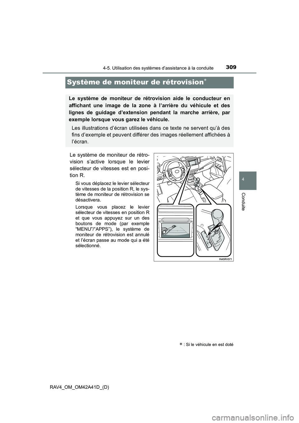 TOYOTA RAV4 2016  Manuel du propriétaire (in French) 309
RAV4_OM_OM42A41D_(D)
4-5. Utilisation des systèmes d’assistance à la conduite
4
Conduite
Système de moniteur de rétrovision∗
Le système de moniteur de rétro-
vision s’active lorsque le