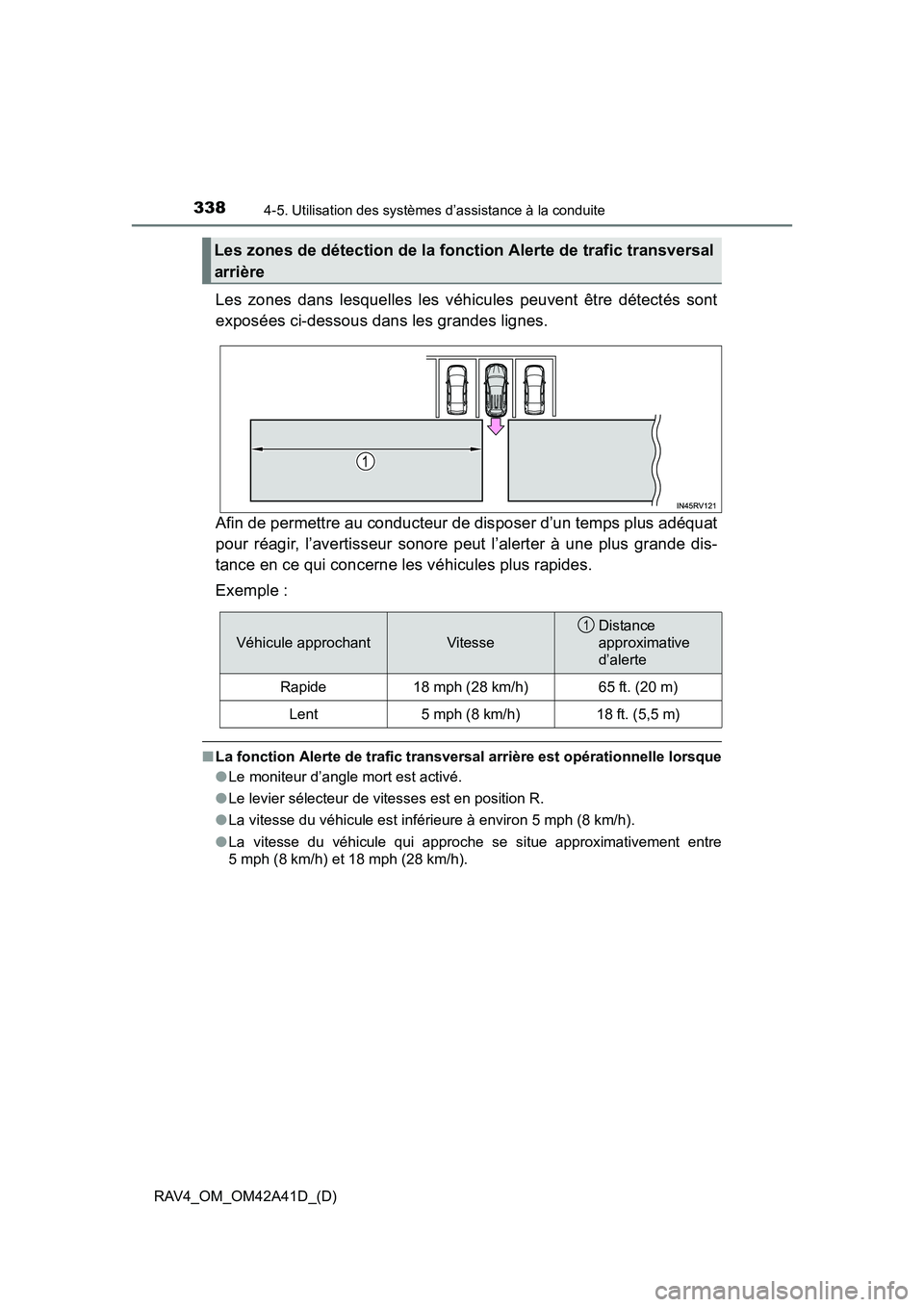 TOYOTA RAV4 2016  Manuel du propriétaire (in French) 338
RAV4_OM_OM42A41D_(D)
4-5. Utilisation des systèmes d’assistance à la conduite
Les zones dans lesquelles les véhicules peuvent être détectés sont
exposées ci-dessous dans les grandes ligne