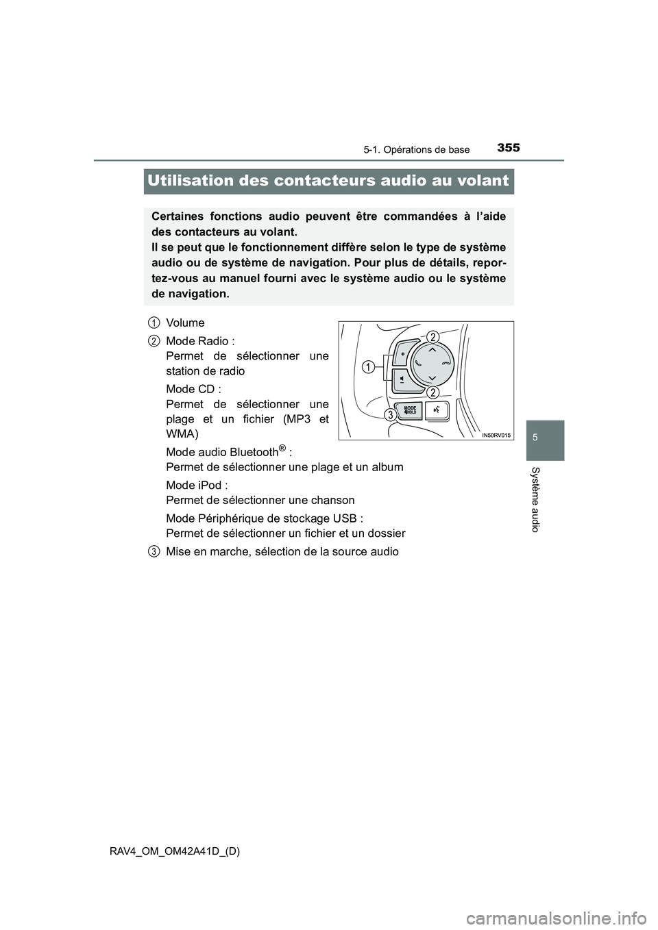 TOYOTA RAV4 2016  Manuel du propriétaire (in French) 355
RAV4_OM_OM42A41D_(D)
5-1. Opérations de base
5
Système audio
Utilisation des contacteurs audio au volant
Vol um e
Mode Radio : 
Permet de sélectionner une
station de radio
Mode CD : 
Permet de 