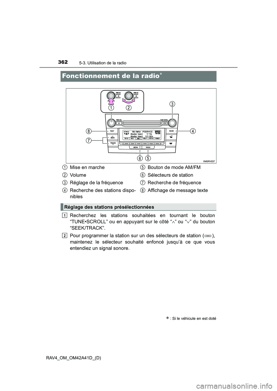 TOYOTA RAV4 2016 Manuel du propriétaire (in French) 362
RAV4_OM_OM42A41D_(D)
5-3. Utilisation de la radio
Fonctionnement de la radio∗
Recherchez les stations souhaitées en tournant le bouton
“TUNE•SCROLL” ou en appuyant sur le côté “∧” TOYOTA RAV4 2016 Manuel du propriétaire (in French) 362
RAV4_OM_OM42A41D_(D)
5-3. Utilisation de la radio
Fonctionnement de la radio∗
Recherchez les stations souhaitées en tournant le bouton
“TUNE•SCROLL” ou en appuyant sur le côté “∧”