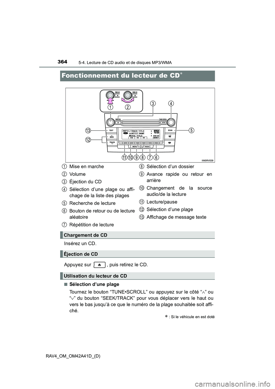 TOYOTA RAV4 2016 Manuel du propriétaire (in French) 364
RAV4_OM_OM42A41D_(D)
5-4. Lecture de CD audio et de disques MP3/WMA
Fonctionnement du lecteur de CD∗
Insérez un CD.
Appuyez sur , puis retirez le CD.
■Sélection d’une plage
Tournez le bou TOYOTA RAV4 2016 Manuel du propriétaire (in French) 364
RAV4_OM_OM42A41D_(D)
5-4. Lecture de CD audio et de disques MP3/WMA
Fonctionnement du lecteur de CD∗
Insérez un CD.
Appuyez sur , puis retirez le CD.
■Sélection d’une plage
Tournez le bou