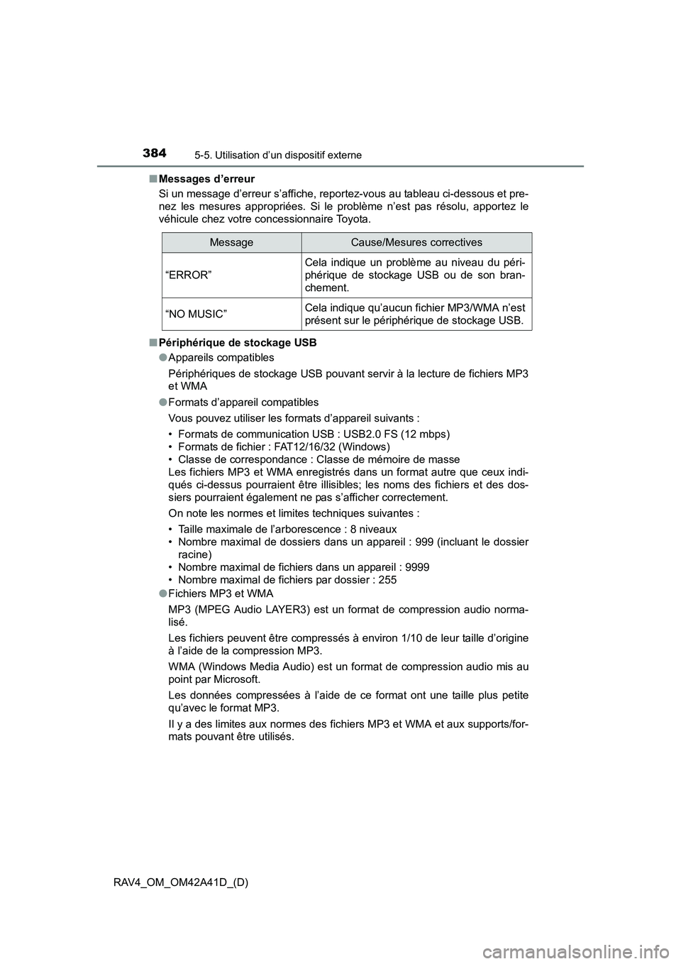 TOYOTA RAV4 2016  Manuel du propriétaire (in French) 384
RAV4_OM_OM42A41D_(D)
5-5. Utilisation d’un dispositif externe
■Messages d’erreur
Si un message d’erreur s’affiche, repor tez-vous au tableau ci-dessous et pre-
nez les mesures approprié