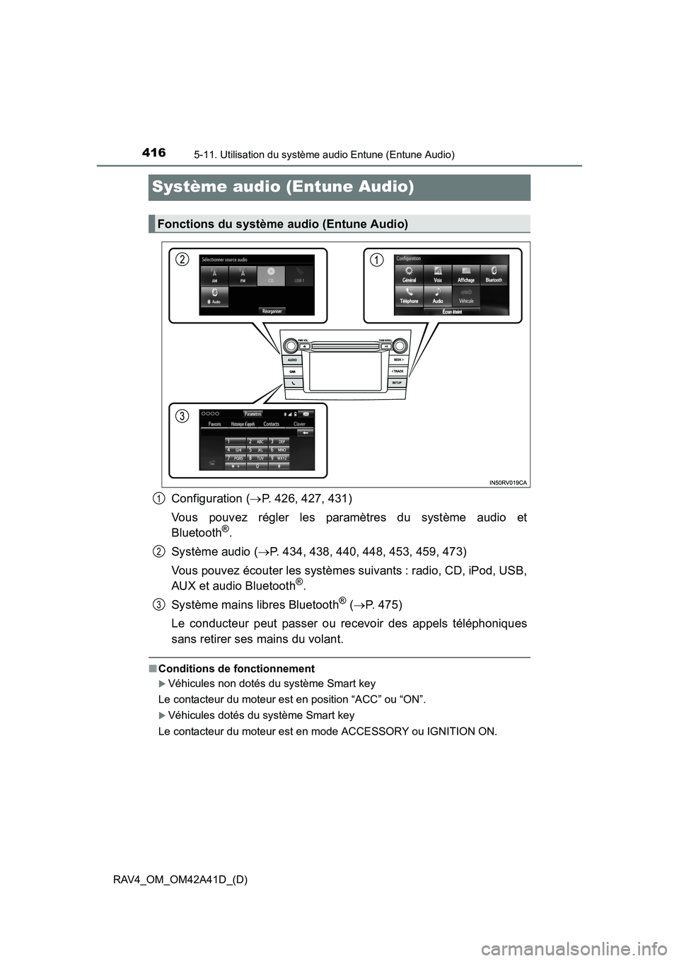 TOYOTA RAV4 2016 Manuel du propriétaire (in French) 416
RAV4_OM_OM42A41D_(D)
5-11. Utilisation du système audio Entune (Entune Audio)
Système audio (Entune Audio)
Configuration (→P. 426, 427, 431)
Vous pouvez régler les paramètres du système aud TOYOTA RAV4 2016 Manuel du propriétaire (in French) 416
RAV4_OM_OM42A41D_(D)
5-11. Utilisation du système audio Entune (Entune Audio)
Système audio (Entune Audio)
Configuration (→P. 426, 427, 431)
Vous pouvez régler les paramètres du système aud