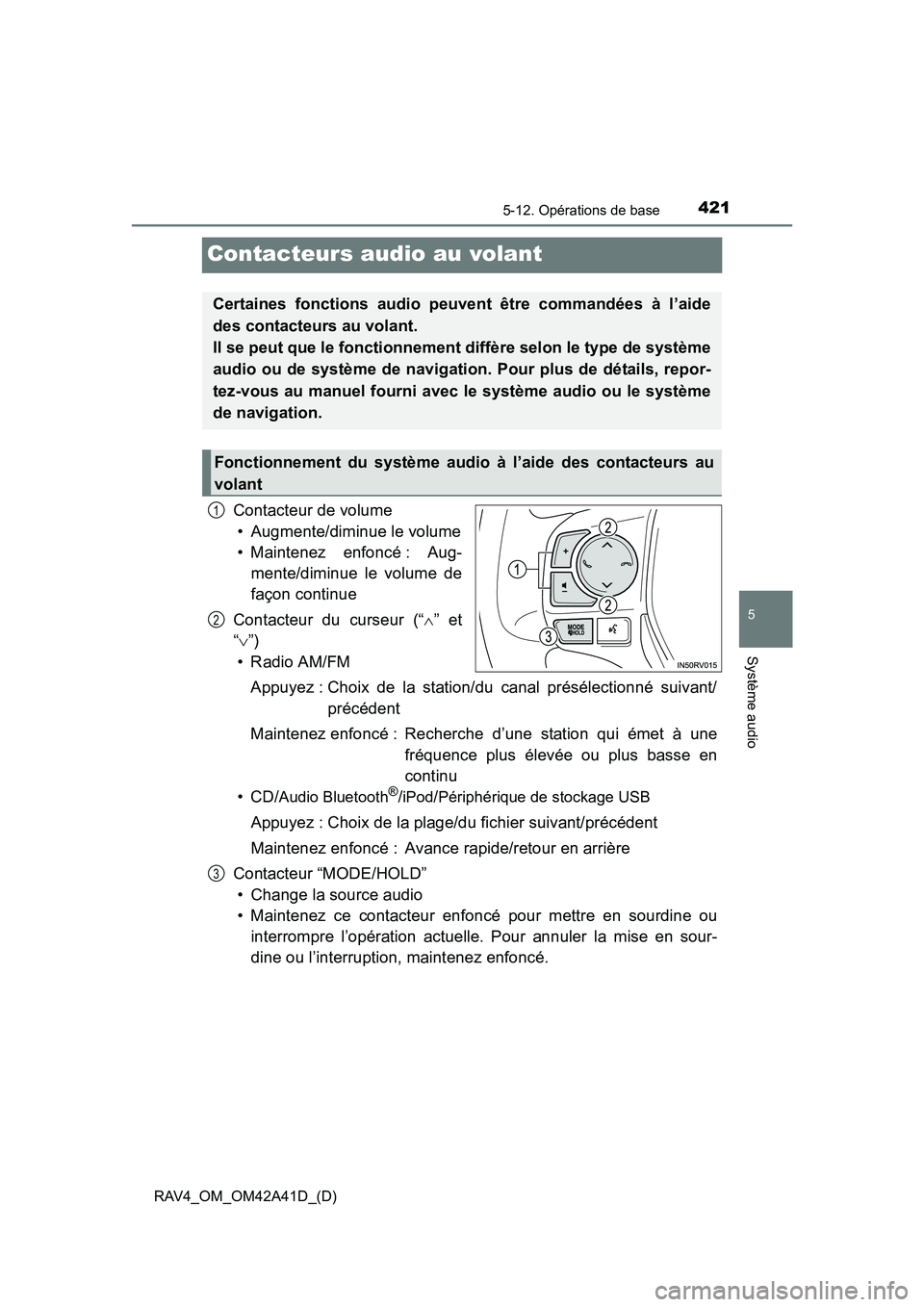 TOYOTA RAV4 2016 Manuel du propriétaire (in French) 421
RAV4_OM_OM42A41D_(D)
5-12. Opérations de base
5
Système audio
Contacteurs audio au volant
Contacteur de volume• Augmente/diminue le volume
• Maintenez enfoncé : Aug- mente/diminue le volume TOYOTA RAV4 2016 Manuel du propriétaire (in French) 421
RAV4_OM_OM42A41D_(D)
5-12. Opérations de base
5
Système audio
Contacteurs audio au volant
Contacteur de volume• Augmente/diminue le volume
• Maintenez enfoncé : Aug- mente/diminue le volume