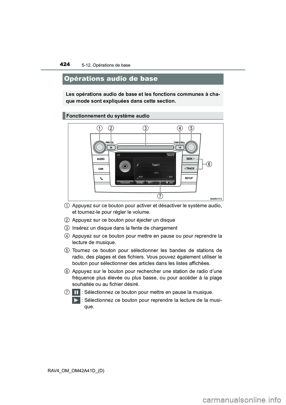 TOYOTA RAV4 2016 Manuel du propriétaire (in French) 424
RAV4_OM_OM42A41D_(D)
5-12. Opérations de base
Opérations audio de base
Appuyez sur ce bouton pour activer et désactiver le système audio,
et tournez-le pour régler le volume.
Appuyez sur ce b TOYOTA RAV4 2016 Manuel du propriétaire (in French) 424
RAV4_OM_OM42A41D_(D)
5-12. Opérations de base
Opérations audio de base
Appuyez sur ce bouton pour activer et désactiver le système audio,
et tournez-le pour régler le volume.
Appuyez sur ce b