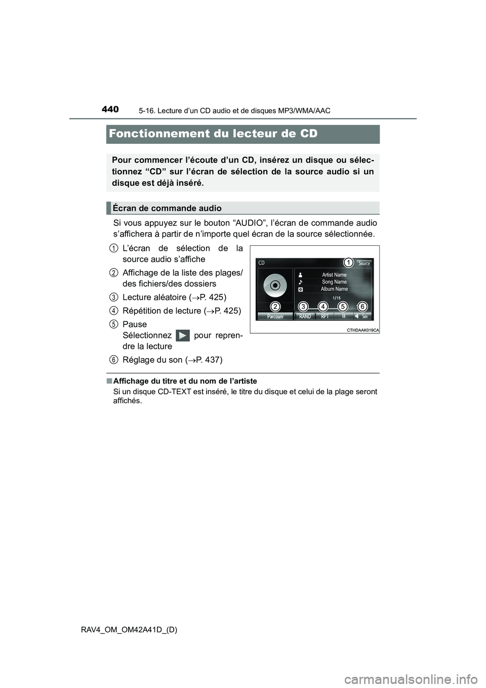TOYOTA RAV4 2016 Manuel du propriétaire (in French) 440
RAV4_OM_OM42A41D_(D)
5-16. Lecture d’un CD audio et de disques MP3/WMA/AAC
Fonctionnement du lecteur de CD
Si vous appuyez sur le bouton “AUDIO”, l’écran de commande audio
s’affichera TOYOTA RAV4 2016 Manuel du propriétaire (in French) 440
RAV4_OM_OM42A41D_(D)
5-16. Lecture d’un CD audio et de disques MP3/WMA/AAC
Fonctionnement du lecteur de CD
Si vous appuyez sur le bouton “AUDIO”, l’écran de commande audio
s’affichera