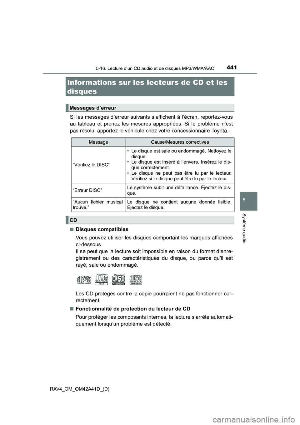 TOYOTA RAV4 2016 Manuel du propriétaire (in French) 441
RAV4_OM_OM42A41D_(D)
5-16. Lecture d’un CD audio et de disques MP3/WMA/AAC
5
Système audio
Informations sur les lecteurs de CD et les
disques
Si les messages d’erreur suivants s’affichent TOYOTA RAV4 2016 Manuel du propriétaire (in French) 441
RAV4_OM_OM42A41D_(D)
5-16. Lecture d’un CD audio et de disques MP3/WMA/AAC
5
Système audio
Informations sur les lecteurs de CD et les
disques
Si les messages d’erreur suivants s’affichent