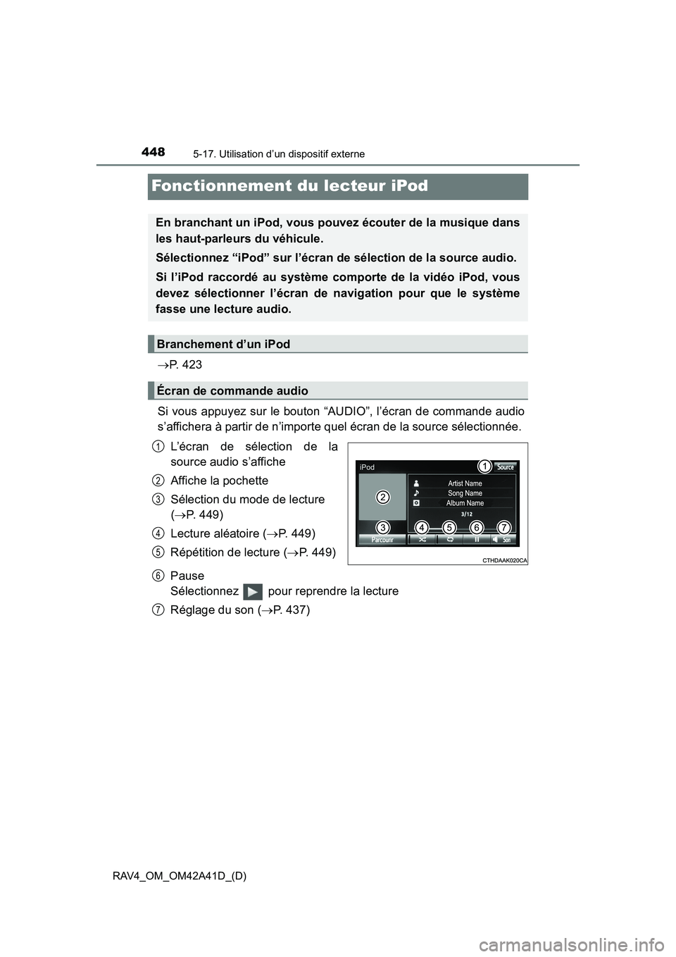 TOYOTA RAV4 2016 Manuel du propriétaire (in French) 448
RAV4_OM_OM42A41D_(D)
5-17. Utilisation d’un dispositif externe
Fonctionnement du lecteur iPod
→P. 4 2 3
Si vous appuyez sur le bouton “AUDIO”, l’écran de commande audio
s’affichera TOYOTA RAV4 2016 Manuel du propriétaire (in French) 448
RAV4_OM_OM42A41D_(D)
5-17. Utilisation d’un dispositif externe
Fonctionnement du lecteur iPod
→P. 4 2 3
Si vous appuyez sur le bouton “AUDIO”, l’écran de commande audio
s’affichera