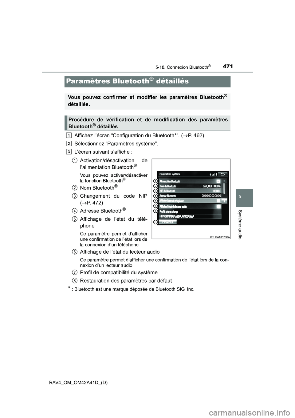 TOYOTA RAV4 2016 Manuel du propriétaire (in French) 471
RAV4_OM_OM42A41D_(D)
5-18. Connexion Bluetooth®
5
Système audio
Paramètres Bluetooth® détaillés
Affichez l’écran “Configuration du Bluetooth*”. (→P. 462)
Sélectionnez “Paramètre TOYOTA RAV4 2016 Manuel du propriétaire (in French) 471
RAV4_OM_OM42A41D_(D)
5-18. Connexion Bluetooth®
5
Système audio
Paramètres Bluetooth® détaillés
Affichez l’écran “Configuration du Bluetooth*”. (→P. 462)
Sélectionnez “Paramètre