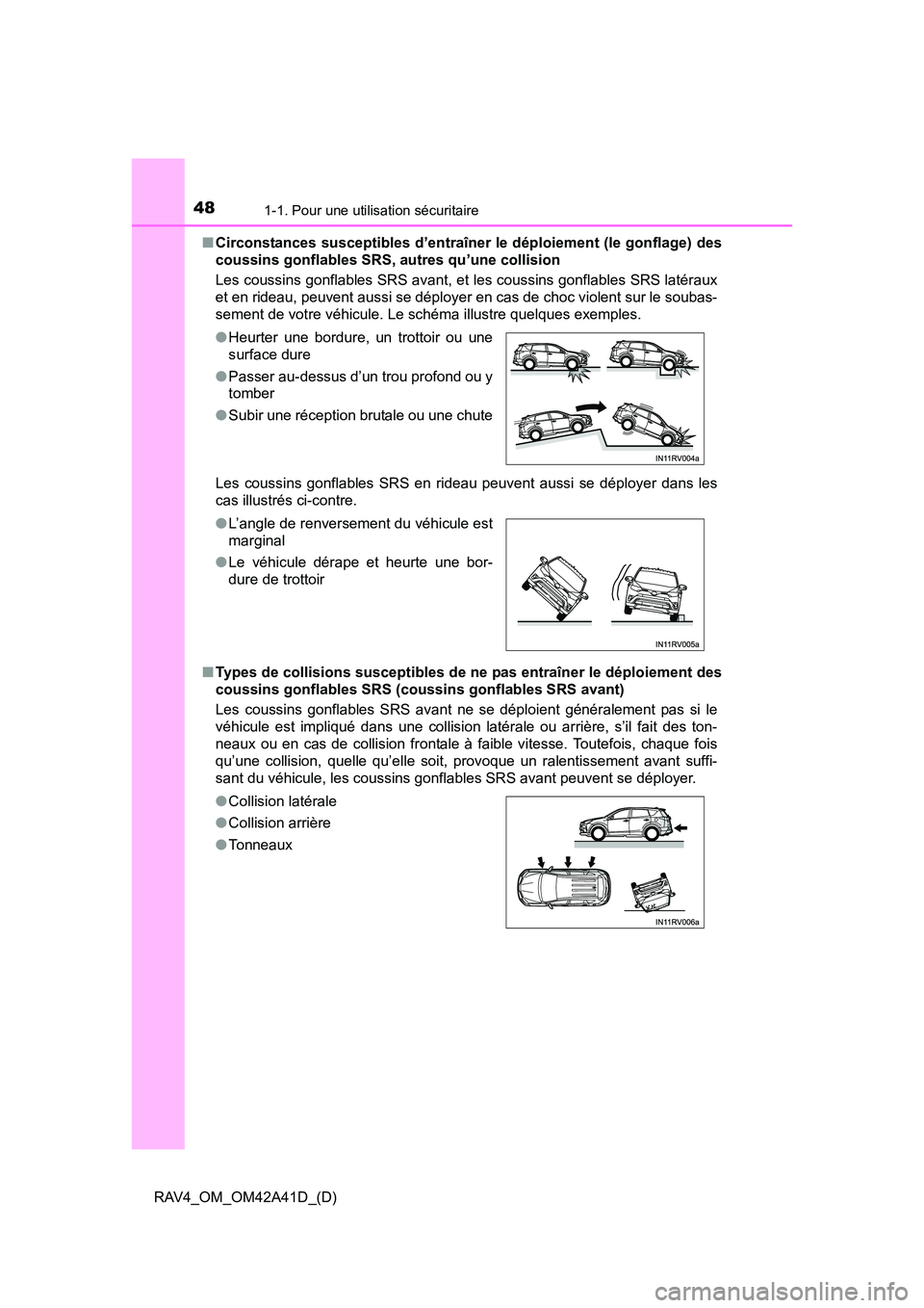TOYOTA RAV4 2016  Manuel du propriétaire (in French) 481-1. Pour une utilisation sécuritaire
RAV4_OM_OM42A41D_(D)■
Circonstances susceptibles d’entraîner le déploiement (le gonflage) des
coussins gonflables SRS, autres qu’une collision 
Les cou