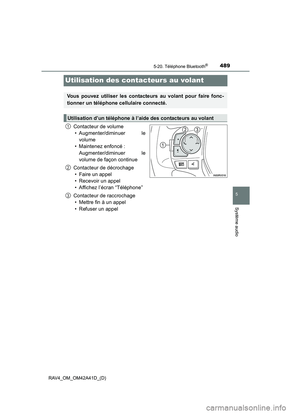 TOYOTA RAV4 2016 Manuel du propriétaire (in French) 489
RAV4_OM_OM42A41D_(D)
5-20. Téléphone Bluetooth®
5
Système audio
Utilisation des contacteurs au volant
Contacteur de volume• Augmenter/diminuer le
volume
• Maintenez enfoncé :
Augmenter/d TOYOTA RAV4 2016 Manuel du propriétaire (in French) 489
RAV4_OM_OM42A41D_(D)
5-20. Téléphone Bluetooth®
5
Système audio
Utilisation des contacteurs au volant
Contacteur de volume• Augmenter/diminuer le
volume
• Maintenez enfoncé :
Augmenter/d