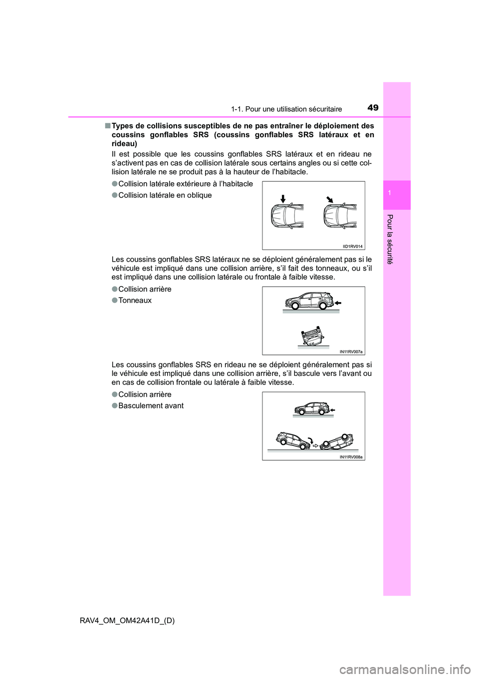 TOYOTA RAV4 2016  Manuel du propriétaire (in French) 491-1. Pour une utilisation sécuritaire
RAV4_OM_OM42A41D_(D)
1
Pour la sécurité
■Types de collisions susceptibles de ne pas entraîner le déploiement des
coussins gonflables SRS (coussins gonfla