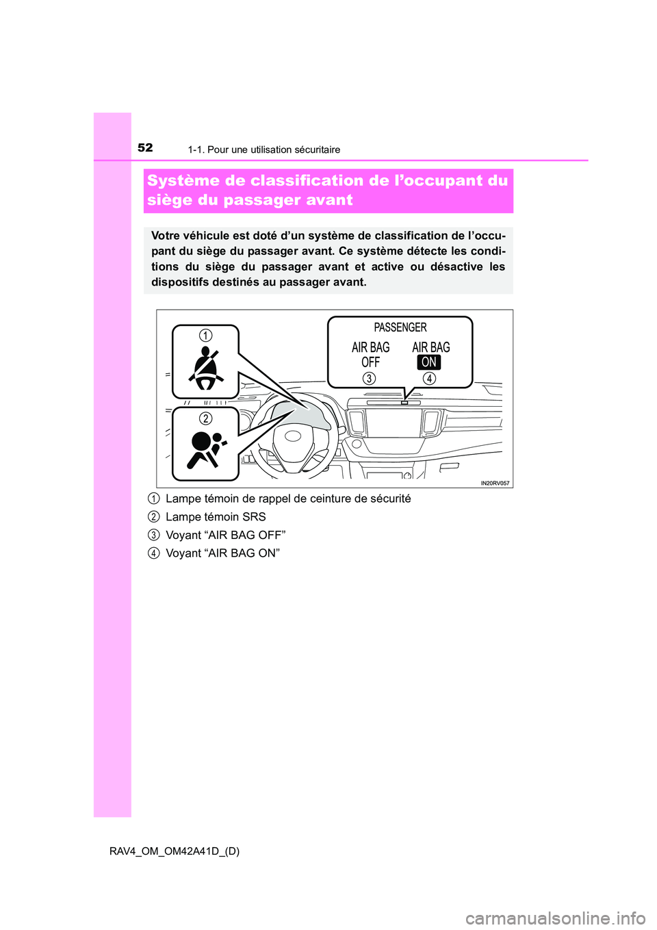 TOYOTA RAV4 2016 Manuel du propriétaire (in French) 521-1. Pour une utilisation sécuritaire
RAV4_OM_OM42A41D_(D)
Système de classification de l’occupant du
siège du passager avant
Lampe témoin de rappel de ceinture de sécurité
Lampe témoin SR TOYOTA RAV4 2016 Manuel du propriétaire (in French) 521-1. Pour une utilisation sécuritaire
RAV4_OM_OM42A41D_(D)
Système de classification de l’occupant du
siège du passager avant
Lampe témoin de rappel de ceinture de sécurité
Lampe témoin SR