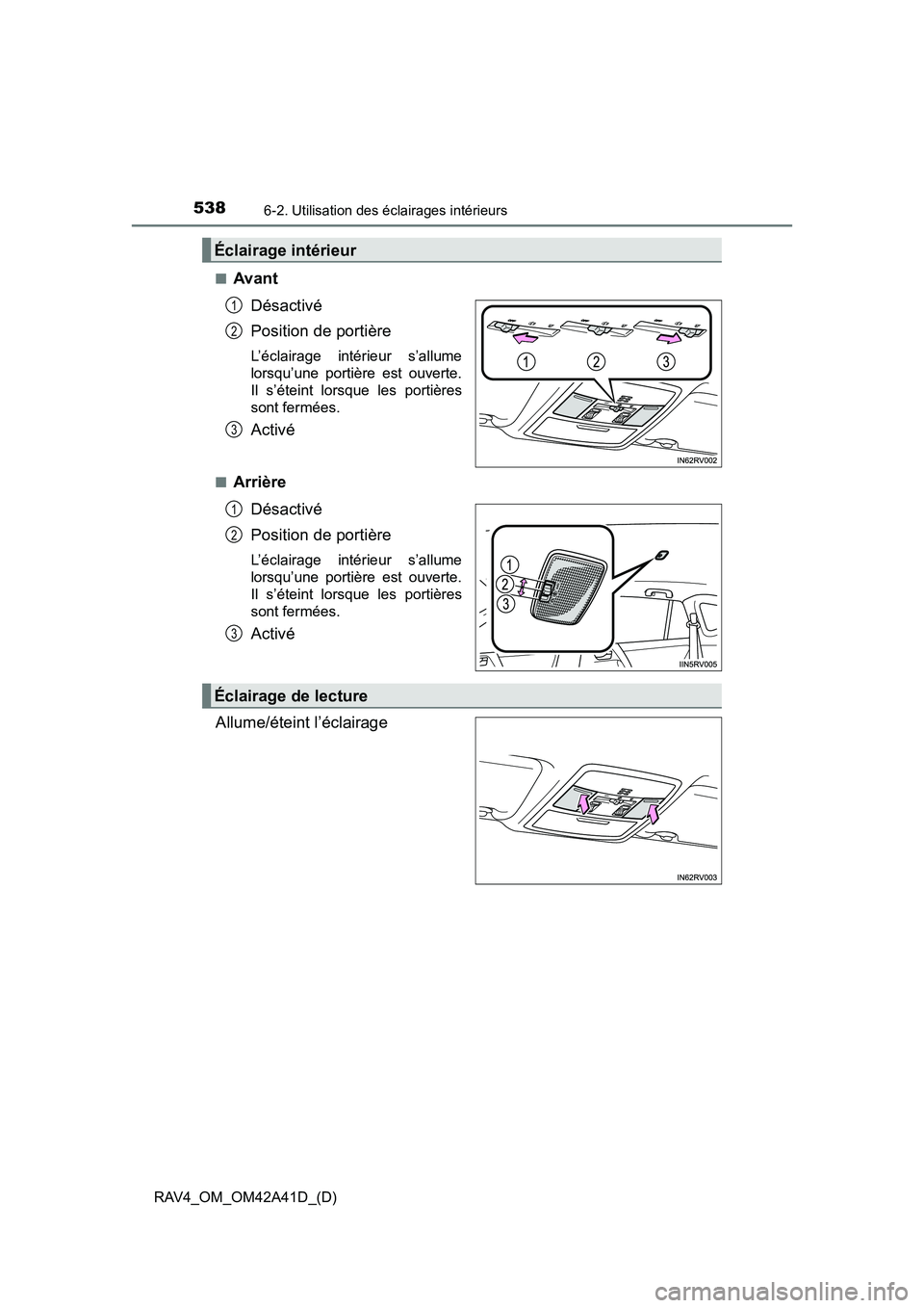 TOYOTA RAV4 2016  Manuel du propriétaire (in French) 538
RAV4_OM_OM42A41D_(D)
6-2. Utilisation des éclairages intérieurs
■AvantDésactivé
Position de portière
L’éclairage intérieur s’allume
lorsqu’une portière est ouverte.
Il s’éteint 