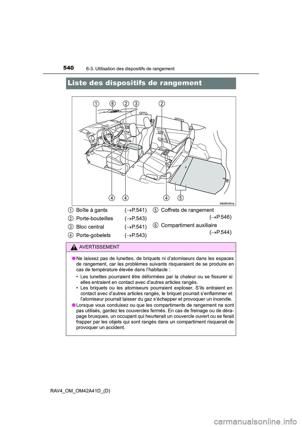 TOYOTA RAV4 2016  Manuel du propriétaire (in French) 540
RAV4_OM_OM42A41D_(D)
6-3. Utilisation des dispositifs de rangement
Liste des dispositifs de rangement
Boîte à gants  (→P.541)
Porte-bouteilles ( →P.543)
Bloc central  ( →P.541)
Porte-gobel