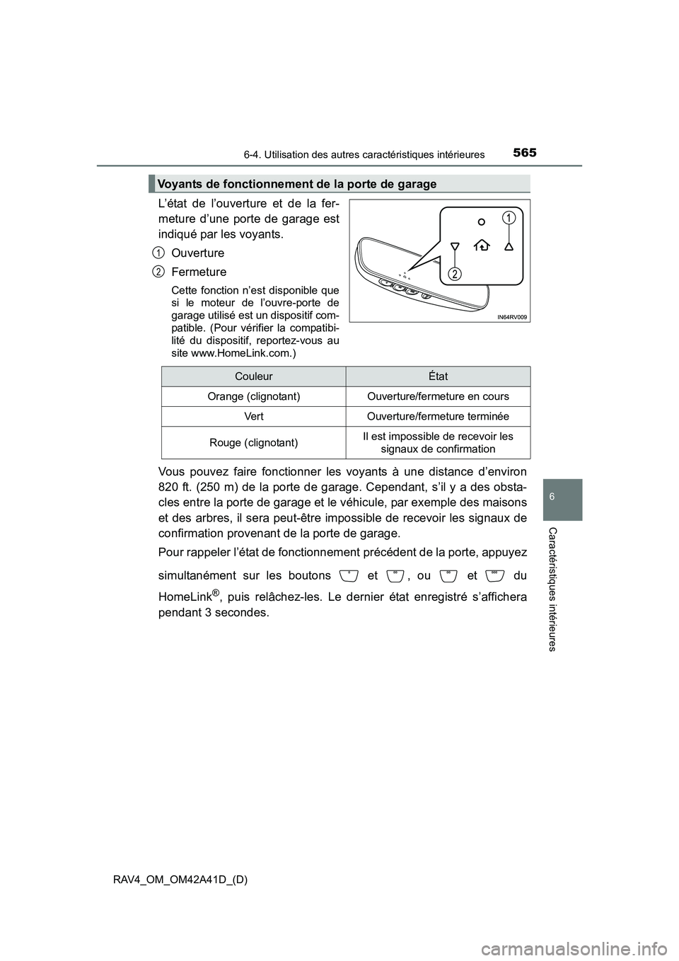 TOYOTA RAV4 2016  Manuel du propriétaire (in French) RAV4_OM_OM42A41D_(D)
5656-4. Utilisation des autres caractéristiques intérieures
6
Caractéristiques intérieures
L’état de l’ouverture et de la fer-
meture d’une porte de garage est
indiqué