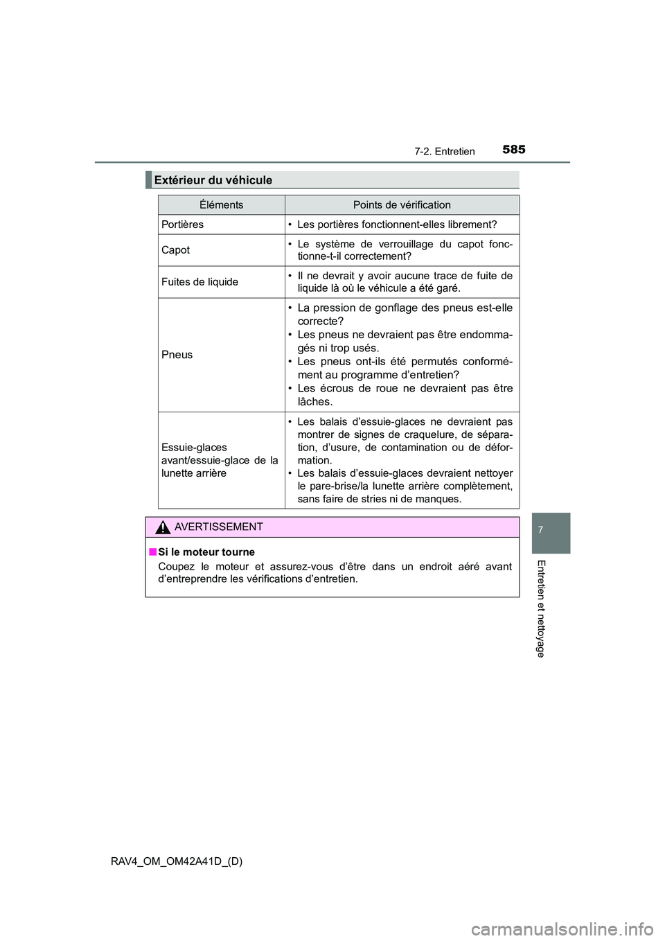 TOYOTA RAV4 2016 Manuel du propriétaire (in French) RAV4_OM_OM42A41D_(D)
5857-2. Entretien
7
Entretien et nettoyage
Extérieur du véhicule
ÉlémentsPoints de vérification
Portières• Les portières fonctionnent-elles librement?
Capot• Le systèm TOYOTA RAV4 2016 Manuel du propriétaire (in French) RAV4_OM_OM42A41D_(D)
5857-2. Entretien
7
Entretien et nettoyage
Extérieur du véhicule
ÉlémentsPoints de vérification
Portières• Les portières fonctionnent-elles librement?
Capot• Le systèm