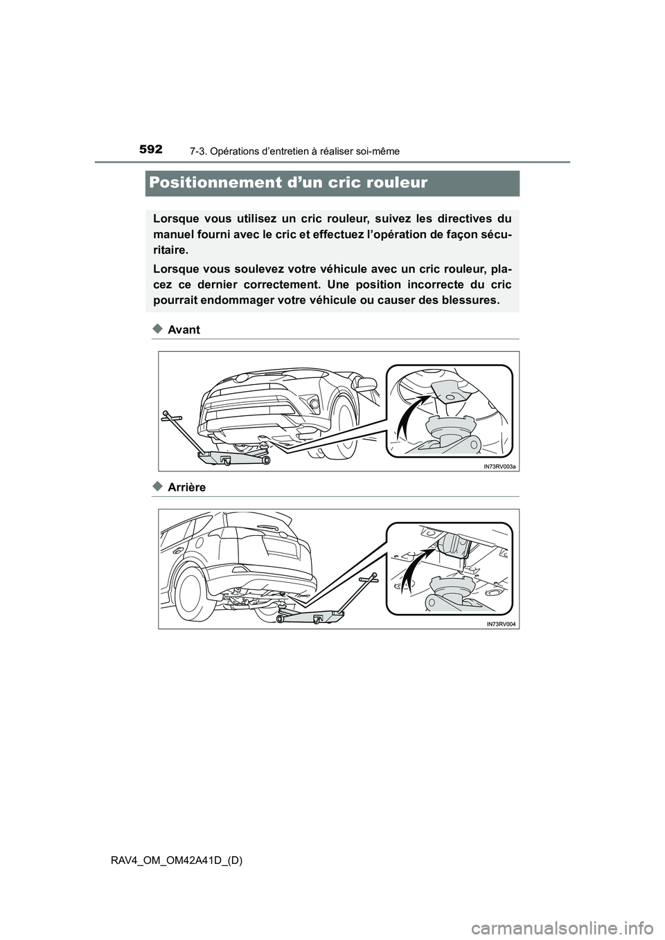 TOYOTA RAV4 2016 Manuel du propriétaire (in French) 592
RAV4_OM_OM42A41D_(D)
7-3. Opérations d’entretien à réaliser soi-même
Positionnement d’un cric rouleur
◆Avant
◆Arrière
Lorsque vous utilisez un cric rouleur, suivez les directives du
m TOYOTA RAV4 2016 Manuel du propriétaire (in French) 592
RAV4_OM_OM42A41D_(D)
7-3. Opérations d’entretien à réaliser soi-même
Positionnement d’un cric rouleur
◆Avant
◆Arrière
Lorsque vous utilisez un cric rouleur, suivez les directives du
m