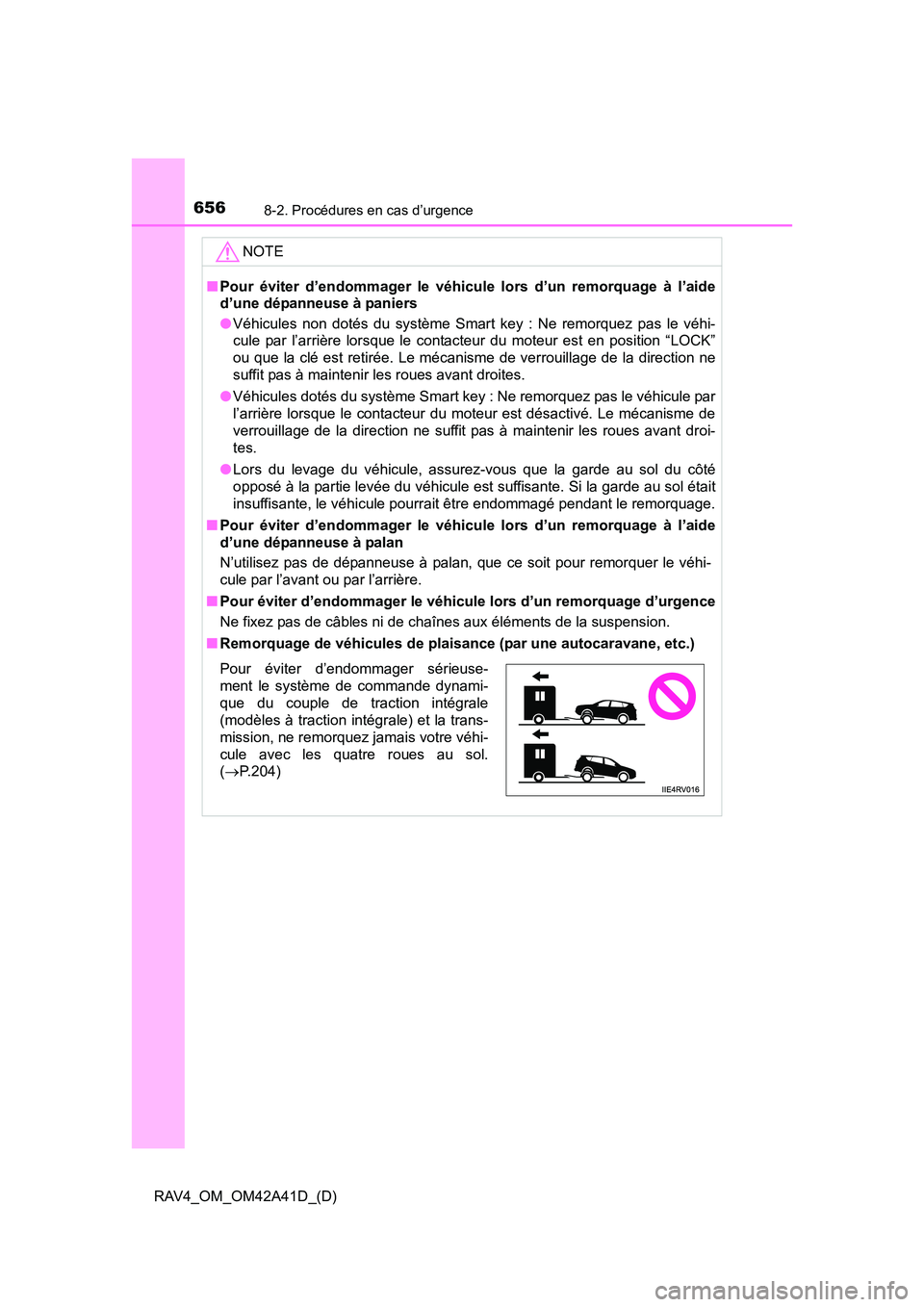 TOYOTA RAV4 2016 Manuel du propriétaire (in French) 6568-2. Procédures en cas d’urgence
RAV4_OM_OM42A41D_(D)NOTE
■
Pour éviter d’endommager le véhicule lors d’un remorquage à l’aide
d’une dépanneuse à paniers
●Véhicules non dotés TOYOTA RAV4 2016 Manuel du propriétaire (in French) 6568-2. Procédures en cas d’urgence
RAV4_OM_OM42A41D_(D)NOTE
■
Pour éviter d’endommager le véhicule lors d’un remorquage à l’aide
d’une dépanneuse à paniers
●Véhicules non dotés