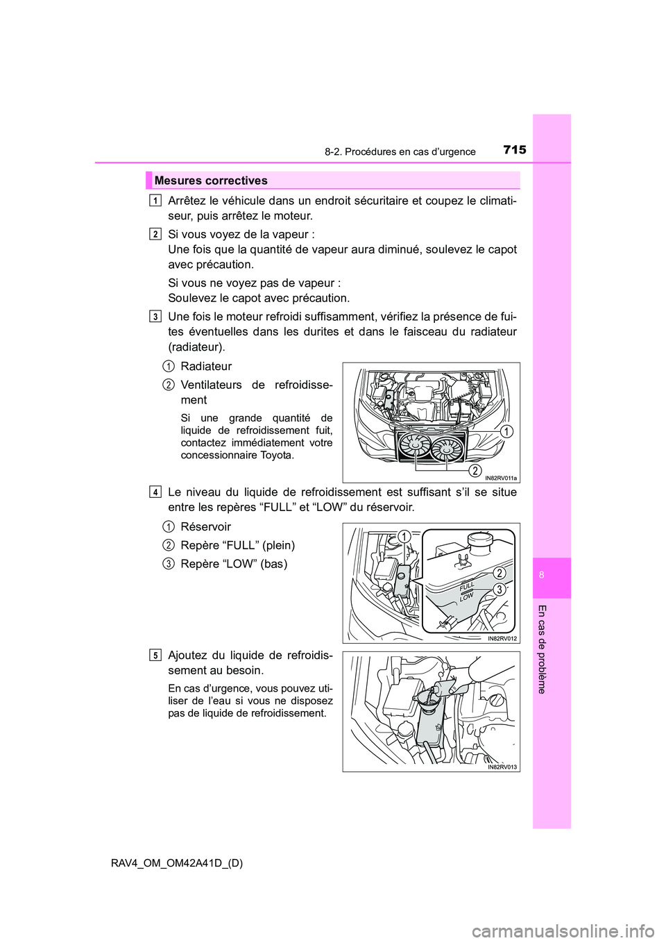 TOYOTA RAV4 2016 Manuel du propriétaire (in French) 7158-2. Procédures en cas d’urgence
RAV4_OM_OM42A41D_(D)
8
En cas de problème
Arrêtez le véhicule dans un endroit sécuritaire et coupez le climati-
seur, puis arrêtez le moteur.
Si vous voyez TOYOTA RAV4 2016 Manuel du propriétaire (in French) 7158-2. Procédures en cas d’urgence
RAV4_OM_OM42A41D_(D)
8
En cas de problème
Arrêtez le véhicule dans un endroit sécuritaire et coupez le climati-
seur, puis arrêtez le moteur.
Si vous voyez