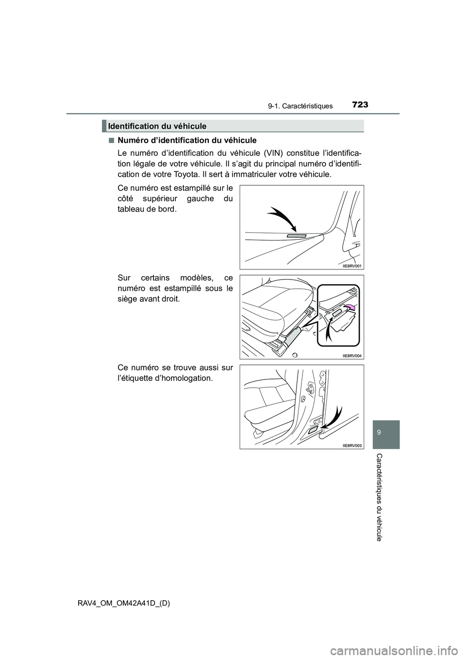 TOYOTA RAV4 2016  Manuel du propriétaire (in French) RAV4_OM_OM42A41D_(D)
7239-1. Caractéristiques
9
Caractéristiques du véhicule
■Numéro d’identification du véhicule
Le numéro d’identification du véhicule (VIN) constitue l’identifica-
ti