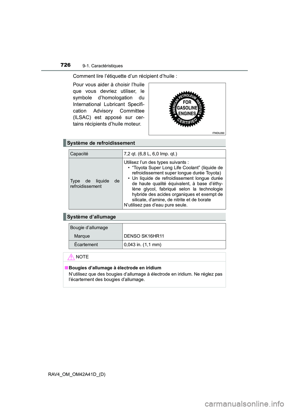 TOYOTA RAV4 2016  Manuel du propriétaire (in French) 726
RAV4_OM_OM42A41D_(D)
9-1. Caractéristiques
Comment lire l’étiquette d’un récipient d’huile :
Pour vous aider à choisir l’huile
que vous devriez utiliser, le
symbole d’homologation du