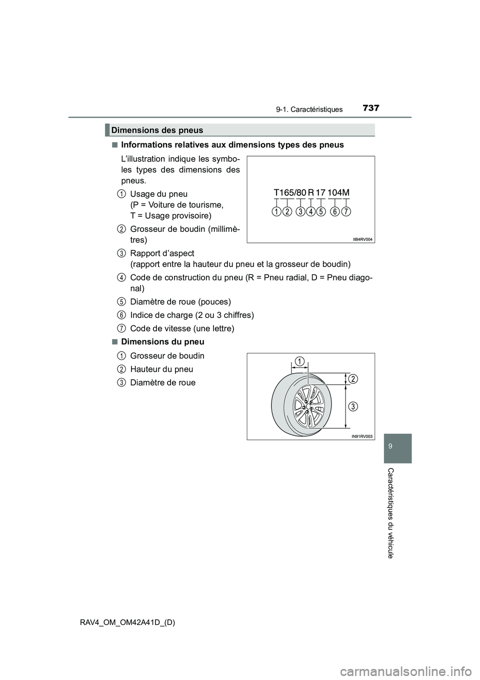 TOYOTA RAV4 2016  Manuel du propriétaire (in French) RAV4_OM_OM42A41D_(D)
7379-1. Caractéristiques
9
Caractéristiques du véhicule
■Informations relatives aux dimensions types des pneus
L’illustration indique les symbo-
les types des dimensions de