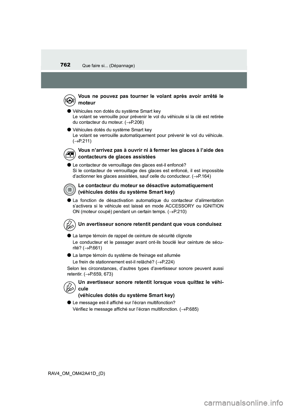 TOYOTA RAV4 2016 Manuel du propriétaire (in French) 762Que faire si... (Dépannage)
RAV4_OM_OM42A41D_(D)
●Véhicules non dotés du système Smart key
Le volant se verrouille pour prévenir le vol du véhicule si la clé est retirée
du contacteur du TOYOTA RAV4 2016 Manuel du propriétaire (in French) 762Que faire si... (Dépannage)
RAV4_OM_OM42A41D_(D)
●Véhicules non dotés du système Smart key
Le volant se verrouille pour prévenir le vol du véhicule si la clé est retirée
du contacteur du