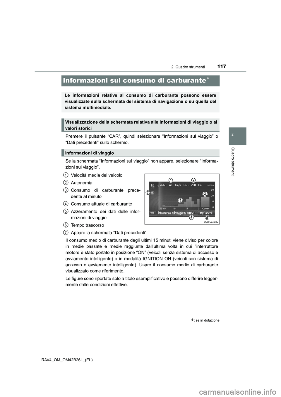 TOYOTA RAV4 2016 Manuale duso (in Italian) 117
2
2. Quadro strumenti
Quadro strumenti
RAV4_OM_OM42B26L_(EL)
Infor mazioni sul consumo di carburante∗
Premere il pulsante “CAR”, quindi selezionare “Informazioni sul viaggio” o
“Dati p TOYOTA RAV4 2016 Manuale duso (in Italian) 117
2
2. Quadro strumenti
Quadro strumenti
RAV4_OM_OM42B26L_(EL)
Infor mazioni sul consumo di carburante∗
Premere il pulsante “CAR”, quindi selezionare “Informazioni sul viaggio” o
“Dati p