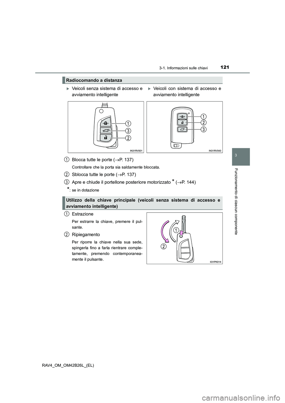 TOYOTA RAV4 2016 Manuale duso (in Italian) 1213-1. Informazioni sulle chiavi
3
Funzionamento di ciascun componente
RAV4_OM_OM42B26L_(EL)
Blocca tutte le porte (→P. 137)
Controllare che la porta sia saldamente bloccata.
Sblocca tutte le porte TOYOTA RAV4 2016 Manuale duso (in Italian) 1213-1. Informazioni sulle chiavi
3
Funzionamento di ciascun componente
RAV4_OM_OM42B26L_(EL)
Blocca tutte le porte (→P. 137)
Controllare che la porta sia saldamente bloccata.
Sblocca tutte le porte