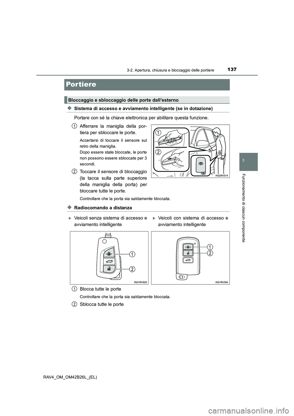 TOYOTA RAV4 2016  Manuale duso (in Italian) 137
3
3-2. Apertura, chiusura e bloccaggio delle portiere
Funzionamento di ciascun componente
RAV4_OM_OM42B26L_(EL)
Por tiere
◆Sistema di accesso e avviamento intelligente (se in dotazione)
Portare 