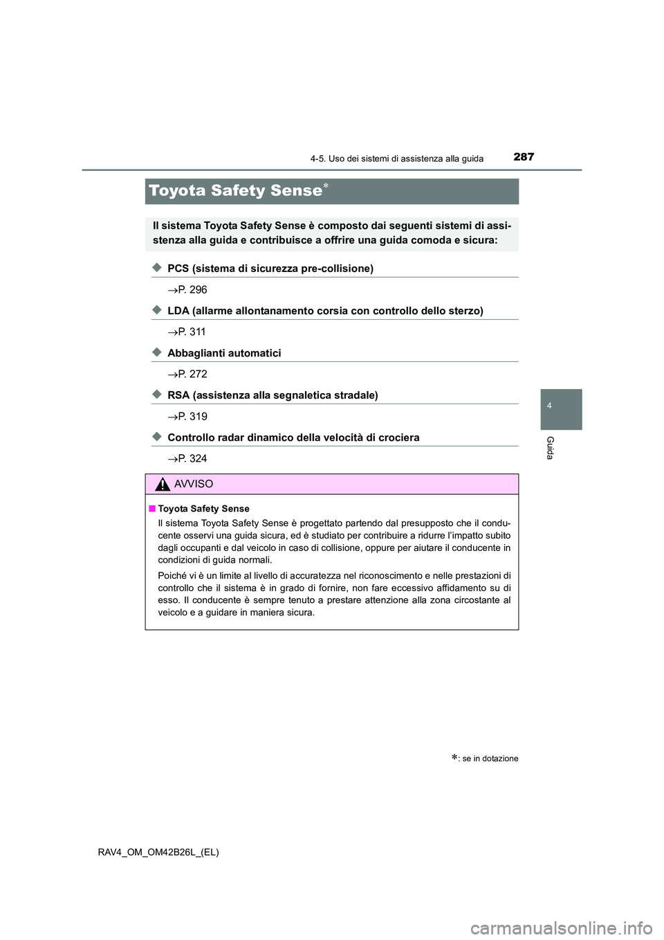 TOYOTA RAV4 2016  Manuale duso (in Italian) 287
4
4-5. Uso dei sistemi di assistenza alla guida
Guida
RAV4_OM_OM42B26L_(EL)
Toyota Safety Sense∗
◆PCS (sistema di sicurezza pre-collisione)
→P. 296
◆LDA (allarme allontanamento cors ia con