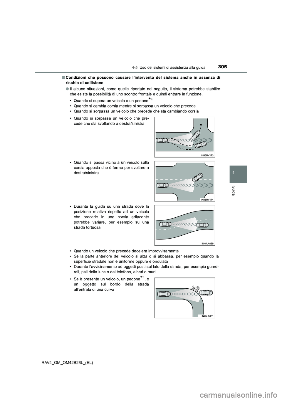 TOYOTA RAV4 2016  Manuale duso (in Italian) 3054-5. Uso dei sistemi di assistenza alla guida
4
Guida
RAV4_OM_OM42B26L_(EL)■
Condizioni che possono causare l’intervento del sistema anche in assenza di
rischio di collisione
●Il alcune situa