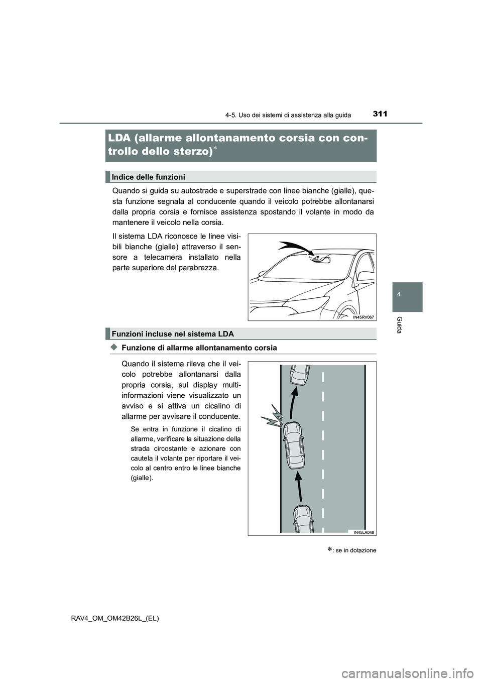 TOYOTA RAV4 2016 Manuale duso (in Italian) 311
4
4-5. Uso dei sistemi di assistenza alla guida
Guida
RAV4_OM_OM42B26L_(EL)
LDA (allar me allontanamento corsia con con-
trollo dello sterzo)
∗
Quando si guida su autostrade e superstrade con li TOYOTA RAV4 2016 Manuale duso (in Italian) 311
4
4-5. Uso dei sistemi di assistenza alla guida
Guida
RAV4_OM_OM42B26L_(EL)
LDA (allar me allontanamento corsia con con-
trollo dello sterzo)
∗
Quando si guida su autostrade e superstrade con li