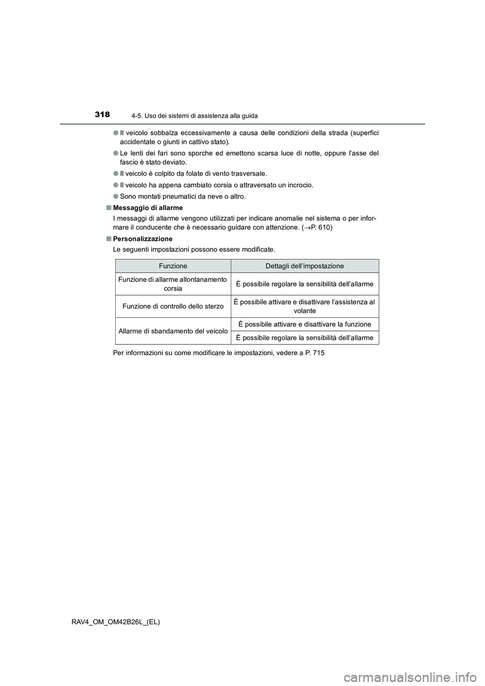 TOYOTA RAV4 2016 Manuale duso (in Italian) 3184-5. Uso dei sistemi di assistenza alla guida
RAV4_OM_OM42B26L_(EL)●
Il veicolo sobbalza eccessivamente a causa delle condizioni della strada (superfici
accidentate o giunti in cattivo stato).
TOYOTA RAV4 2016 Manuale duso (in Italian) 3184-5. Uso dei sistemi di assistenza alla guida
RAV4_OM_OM42B26L_(EL)●
Il veicolo sobbalza eccessivamente a causa delle condizioni della strada (superfici
accidentate o giunti in cattivo stato).