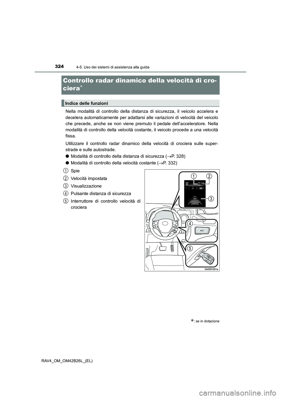 TOYOTA RAV4 2016 Manuale duso (in Italian) 3244-5. Uso dei sistemi di assistenza alla guida
RAV4_OM_OM42B26L_(EL)
Controllo radar dinamico della velocità di cro-
ciera
∗
Nella modalità di controllo della distanza di sicurezza, il veicolo a TOYOTA RAV4 2016 Manuale duso (in Italian) 3244-5. Uso dei sistemi di assistenza alla guida
RAV4_OM_OM42B26L_(EL)
Controllo radar dinamico della velocità di cro-
ciera
∗
Nella modalità di controllo della distanza di sicurezza, il veicolo a
