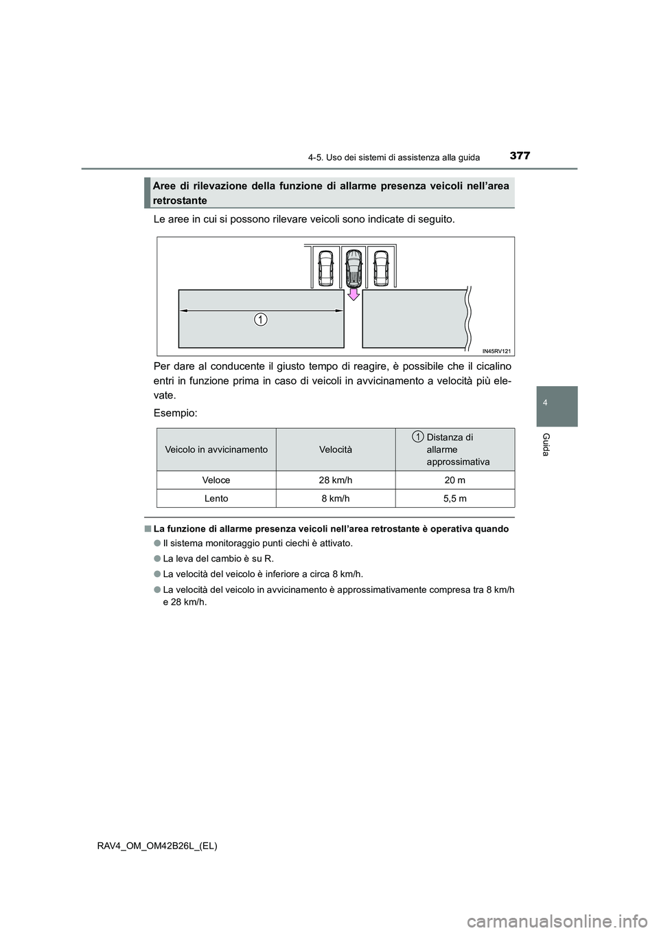 TOYOTA RAV4 2016  Manuale duso (in Italian) 3774-5. Uso dei sistemi di assistenza alla guida
4
Guida
RAV4_OM_OM42B26L_(EL)
Le aree in cui si possono rilevare veicoli sono indicate di seguito.
Per dare al conducente il giusto tempo di reagire, 