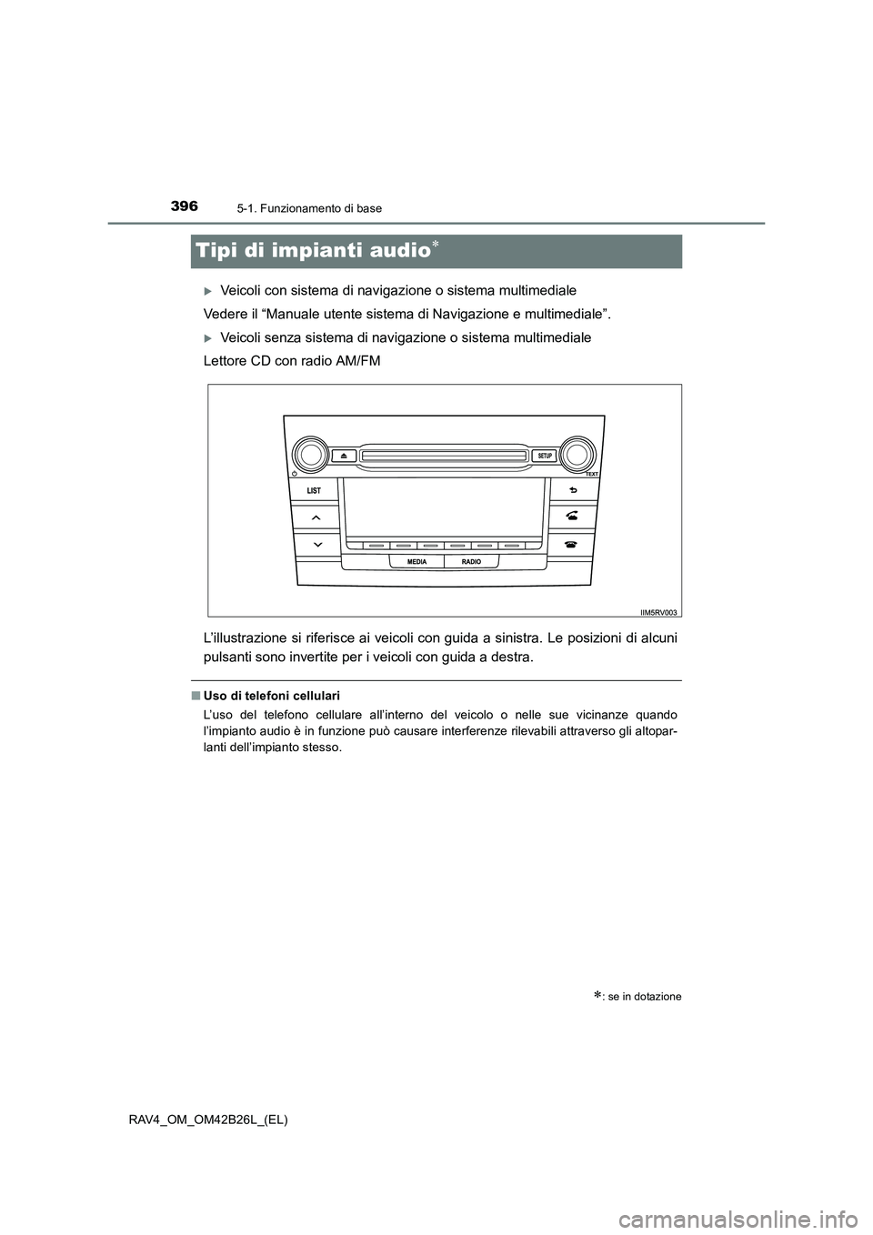 TOYOTA RAV4 2016  Manuale duso (in Italian) 3965-1. Funzionamento di base
RAV4_OM_OM42B26L_(EL)
Tipi di impianti audio∗
�XVeicoli con sistema di navigazione o sistema multimediale
Vedere il “Manuale utente sistema di Navigazione e multimedi