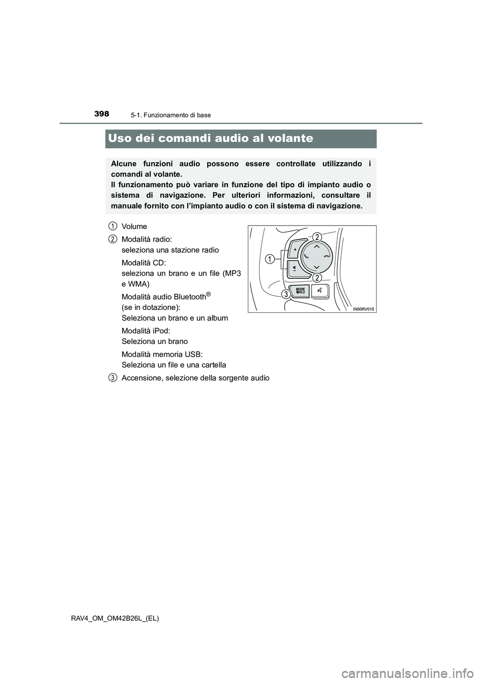 TOYOTA RAV4 2016  Manuale duso (in Italian) 3985-1. Funzionamento di base
RAV4_OM_OM42B26L_(EL)
Uso dei comandi audio al volante
Volume
Modalità radio: 
seleziona una stazione radio
Modalità CD: 
seleziona un brano e un file (MP3
e WMA)
Modal
