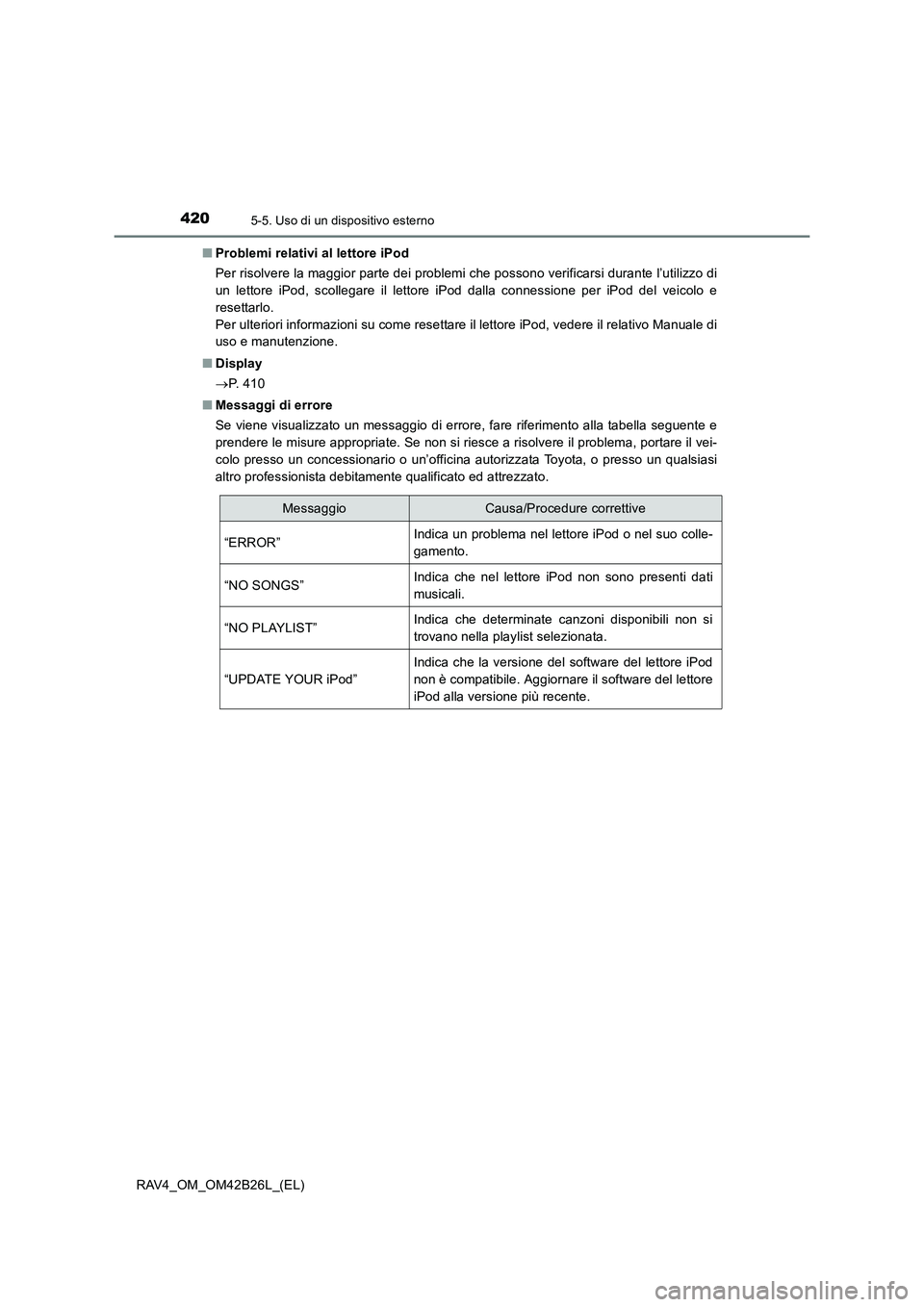 TOYOTA RAV4 2016 Manuale duso (in Italian) 4205-5. Uso di un dispositivo esterno
RAV4_OM_OM42B26L_(EL)■
Problemi relativi al lettore iPod
Per risolvere la maggior parte dei problemi che possono verificarsi durante l’utilizzo di
un lettore TOYOTA RAV4 2016 Manuale duso (in Italian) 4205-5. Uso di un dispositivo esterno
RAV4_OM_OM42B26L_(EL)■
Problemi relativi al lettore iPod
Per risolvere la maggior parte dei problemi che possono verificarsi durante l’utilizzo di
un lettore