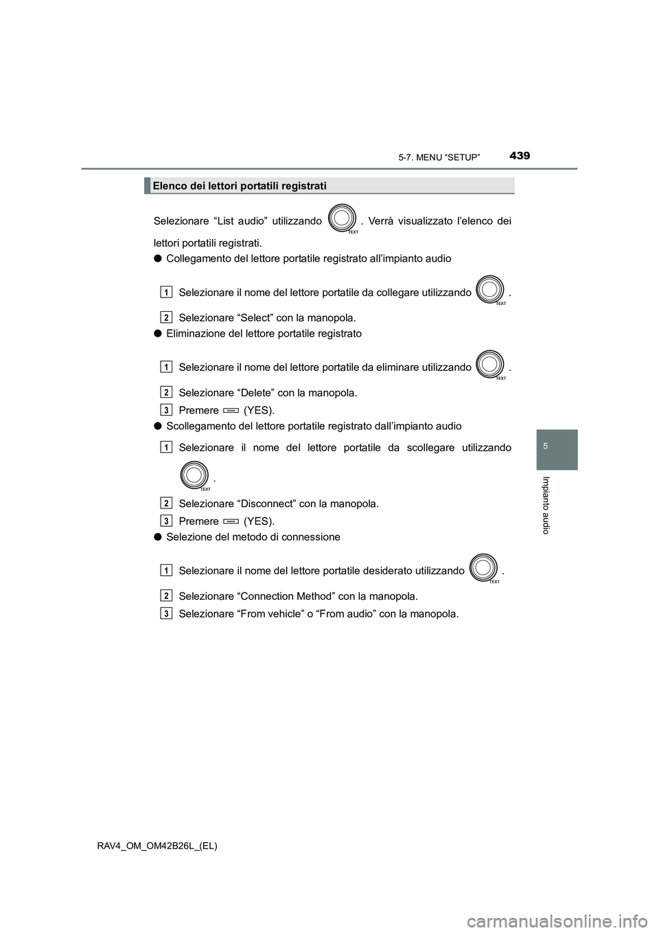 TOYOTA RAV4 2016 Manuale duso (in Italian) 4395-7. MENU “SETUP”
5
Impianto audio
RAV4_OM_OM42B26L_(EL)
Selezionare “List audio” utilizzando . Verrà visualizzato l’elenco dei
lettori portatili registrati.
●Collegamento del lettore TOYOTA RAV4 2016 Manuale duso (in Italian) 4395-7. MENU “SETUP”
5
Impianto audio
RAV4_OM_OM42B26L_(EL)
Selezionare “List audio” utilizzando . Verrà visualizzato l’elenco dei
lettori portatili registrati.
●Collegamento del lettore