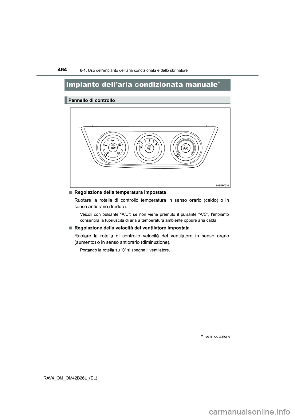 TOYOTA RAV4 2016 Manuale duso (in Italian) 4646-1. Uso dell’impianto dell’aria condizionata e dello sbrinatore
RAV4_OM_OM42B26L_(EL)
Impianto dell’aria condizionata manuale∗
■Regolazione della temperatura impostata
Ruotare la rotella TOYOTA RAV4 2016 Manuale duso (in Italian) 4646-1. Uso dell’impianto dell’aria condizionata e dello sbrinatore
RAV4_OM_OM42B26L_(EL)
Impianto dell’aria condizionata manuale∗
■Regolazione della temperatura impostata
Ruotare la rotella