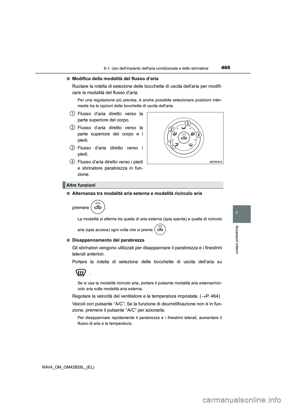 TOYOTA RAV4 2016 Manuale duso (in Italian) 4656-1. Uso dell’impianto dell’aria condizionata e dello sbrinatore
6
Accessori interni
RAV4_OM_OM42B26L_(EL)■
Modifica della modalità del flusso d’aria
Ruotare la rotella di selezione delle TOYOTA RAV4 2016 Manuale duso (in Italian) 4656-1. Uso dell’impianto dell’aria condizionata e dello sbrinatore
6
Accessori interni
RAV4_OM_OM42B26L_(EL)■
Modifica della modalità del flusso d’aria
Ruotare la rotella di selezione delle