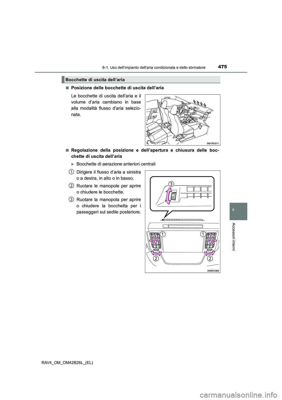 TOYOTA RAV4 2016 Manuale duso (in Italian) 4756-1. Uso dell’impianto dell’aria condizionata e dello sbrinatore
6
Accessori interni
RAV4_OM_OM42B26L_(EL)■
Posizione delle bocchette di uscita dell’aria
Le bocchette di uscita dell’aria TOYOTA RAV4 2016 Manuale duso (in Italian) 4756-1. Uso dell’impianto dell’aria condizionata e dello sbrinatore
6
Accessori interni
RAV4_OM_OM42B26L_(EL)■
Posizione delle bocchette di uscita dell’aria
Le bocchette di uscita dell’aria
