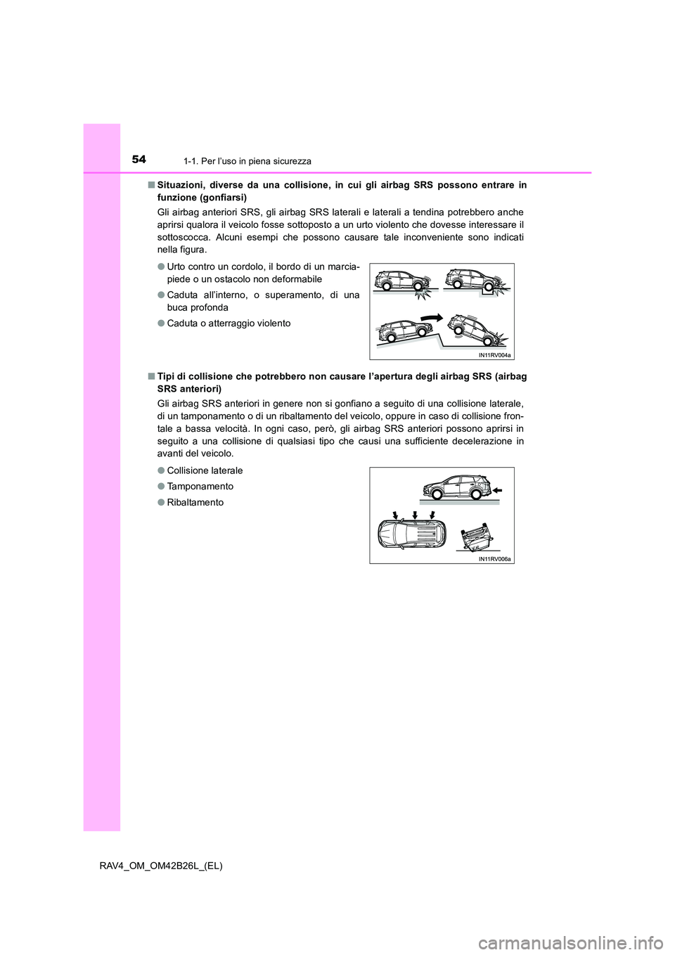 TOYOTA RAV4 2016 Manuale duso (in Italian) 541-1. Per l’uso in piena sicurezza
RAV4_OM_OM42B26L_(EL)■
Situazioni, diverse da una collisione, in cui gli airbag SRS possono entrare in
funzione (gonfiarsi)
Gli airbag anteriori SRS, gli airb TOYOTA RAV4 2016 Manuale duso (in Italian) 541-1. Per l’uso in piena sicurezza
RAV4_OM_OM42B26L_(EL)■
Situazioni, diverse da una collisione, in cui gli airbag SRS possono entrare in
funzione (gonfiarsi)
Gli airbag anteriori SRS, gli airb