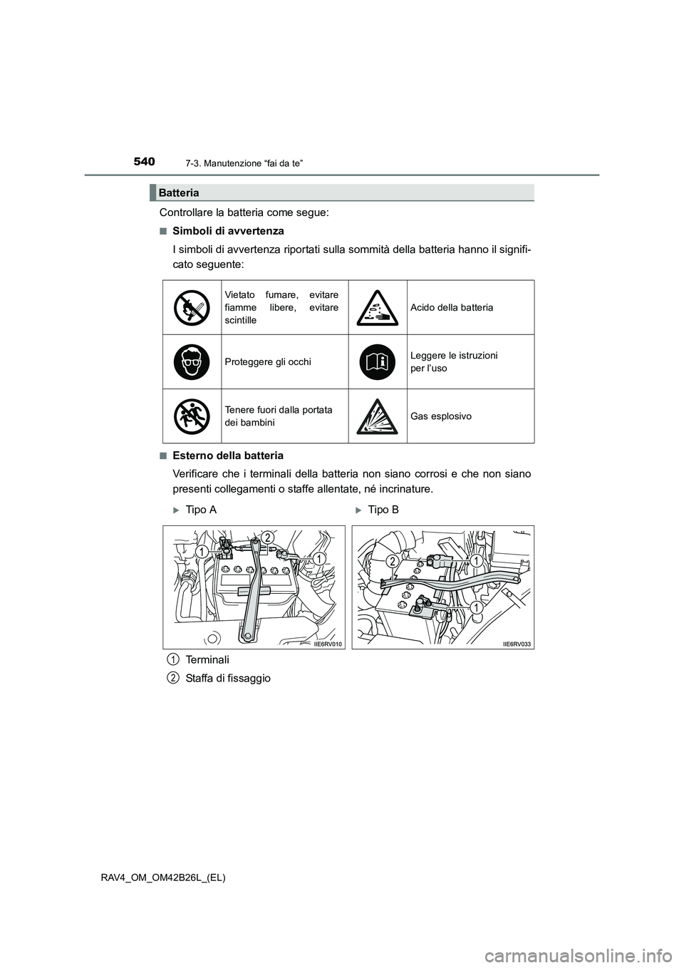 TOYOTA RAV4 2016  Manuale duso (in Italian) 5407-3. Manutenzione “fai da te”
RAV4_OM_OM42B26L_(EL)
Controllare la batteria come segue:
■Simboli di avvertenza
I simboli di avvertenza riportati sulla sommità della batteria hanno il signifi