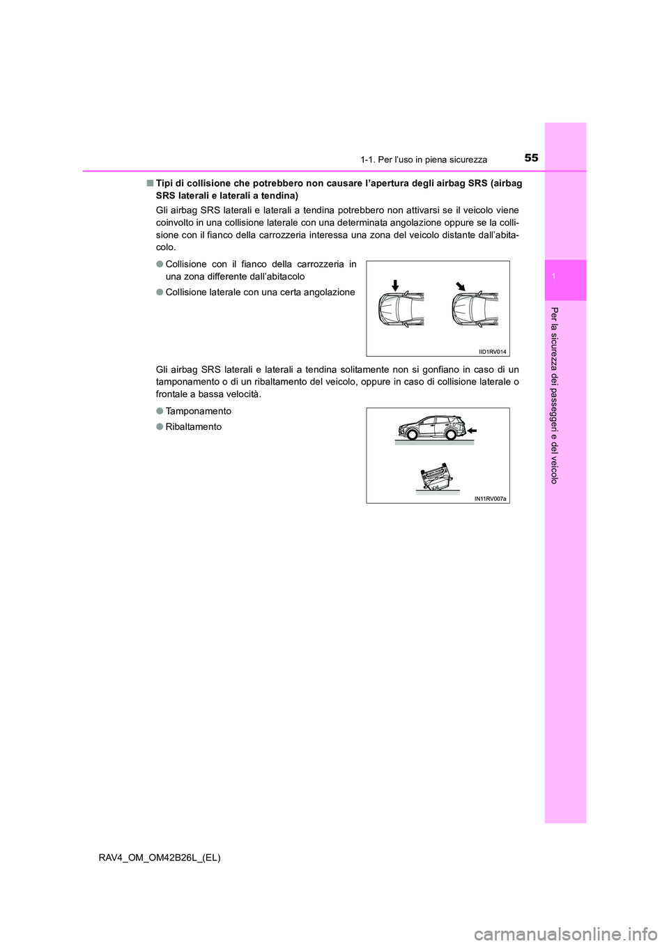 TOYOTA RAV4 2016 Manuale duso (in Italian) 551-1. Per l’uso in piena sicurezza
1
RAV4_OM_OM42B26L_(EL)
Per la sicurezza dei passeggeri e del veicolo
■Tipi di collisione che potrebbero non causare l’apertura degli airbag SRS (airbag
SRS l TOYOTA RAV4 2016 Manuale duso (in Italian) 551-1. Per l’uso in piena sicurezza
1
RAV4_OM_OM42B26L_(EL)
Per la sicurezza dei passeggeri e del veicolo
■Tipi di collisione che potrebbero non causare l’apertura degli airbag SRS (airbag
SRS l